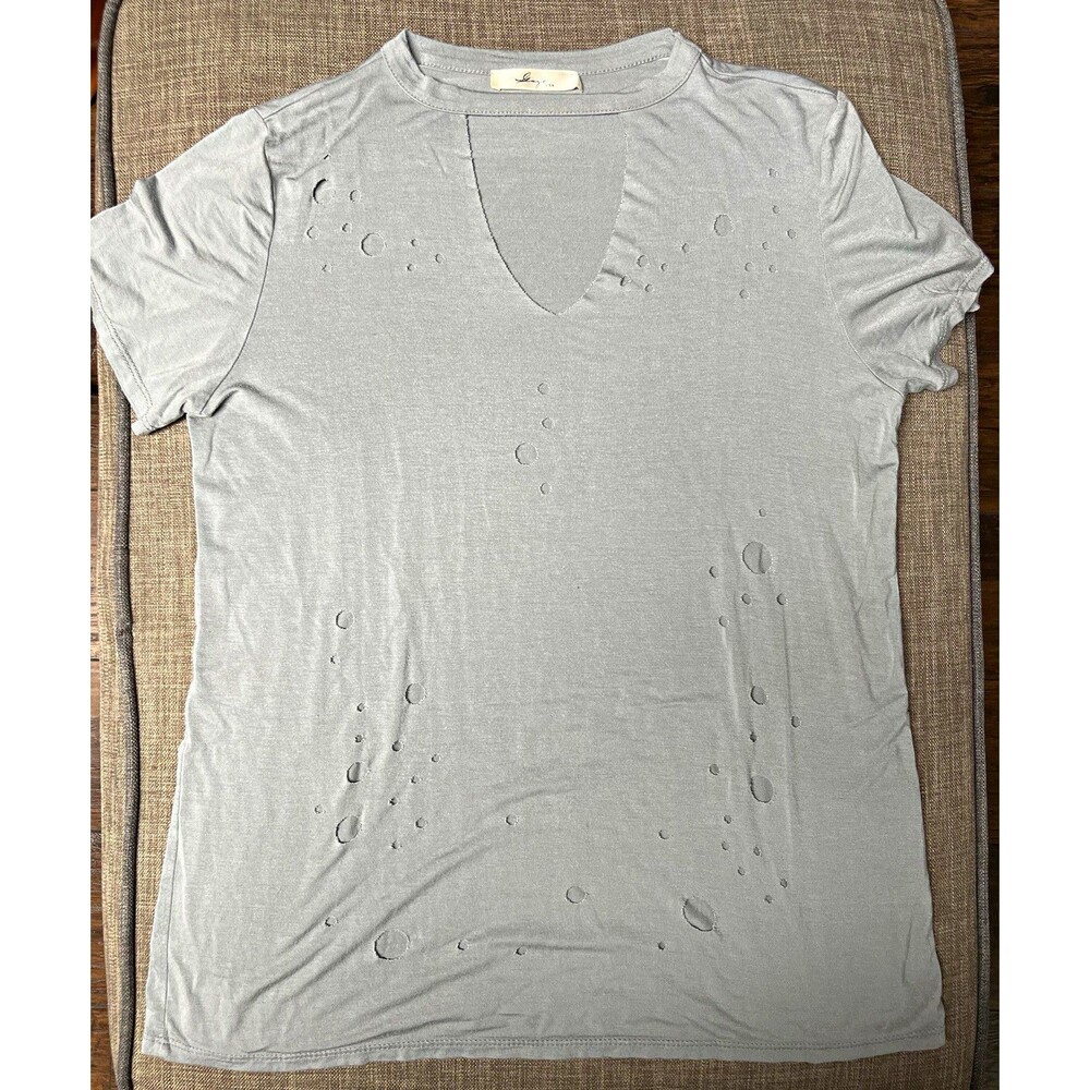 Gaze USA Distressed Cutout V-Neck Short Sleeve Top Sage Green Size Large